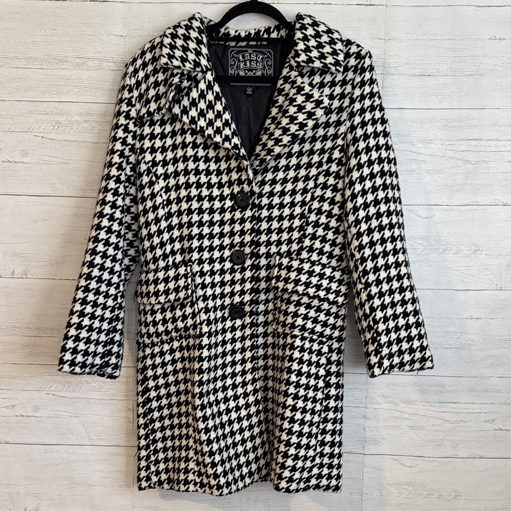 Last Kiss Black and White Houndstooth Pea Coat | SIZE L - Picture 1 of 9